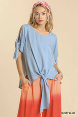 Umgee Cold Shoulder Short Sleeve Round Neck Top with Side Slits and Tie-able Knot Details - Trendsi - Flyclothing LLC