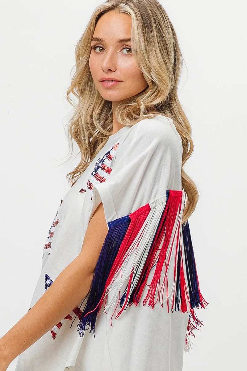 BiBi American Flag Sequin Star Fringe Top - Trendsi - Flyclothing LLC