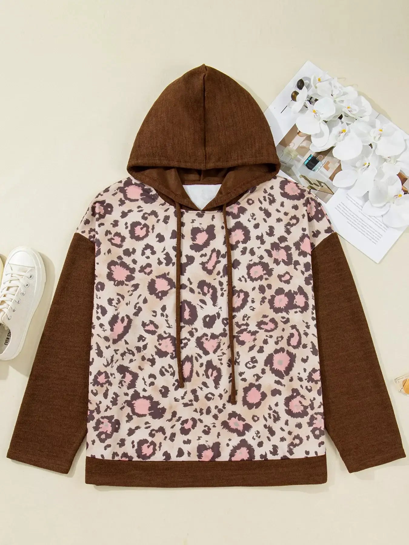 Plus Size Leopard Long Sleeve Drawstring Hoodie - Trendsi - Flyclothing LLC