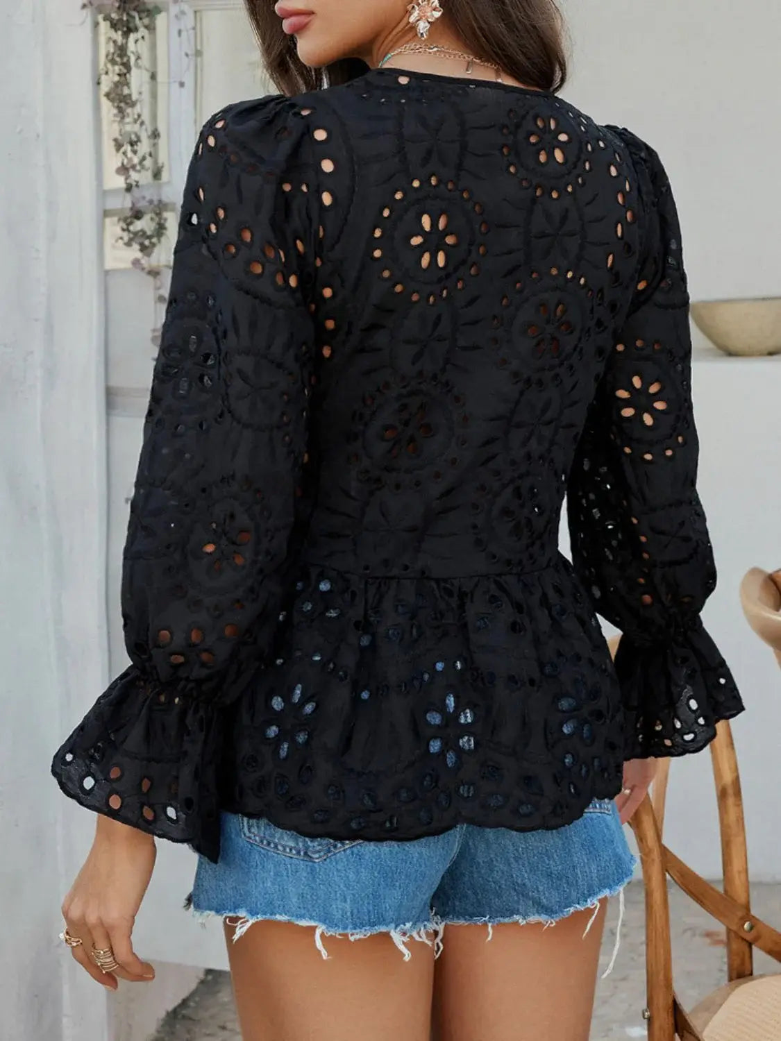 Devine Tie Front Flounce Sleeve Peplum Blouse - Trendsi - Flyclothing LLC