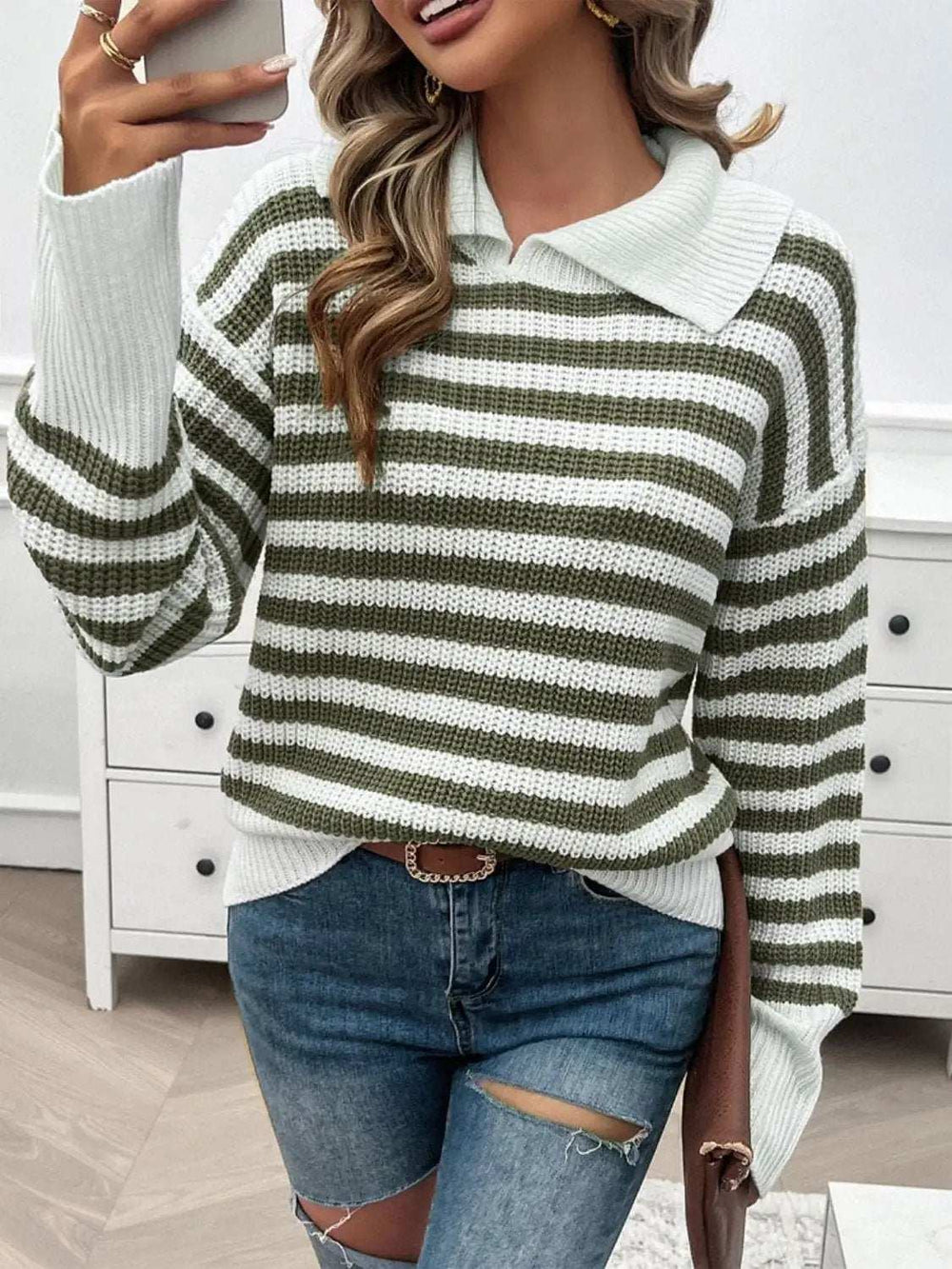 Striped Collared Neck Long Sleeve Sweater - Trendsi - Flyclothing LLC