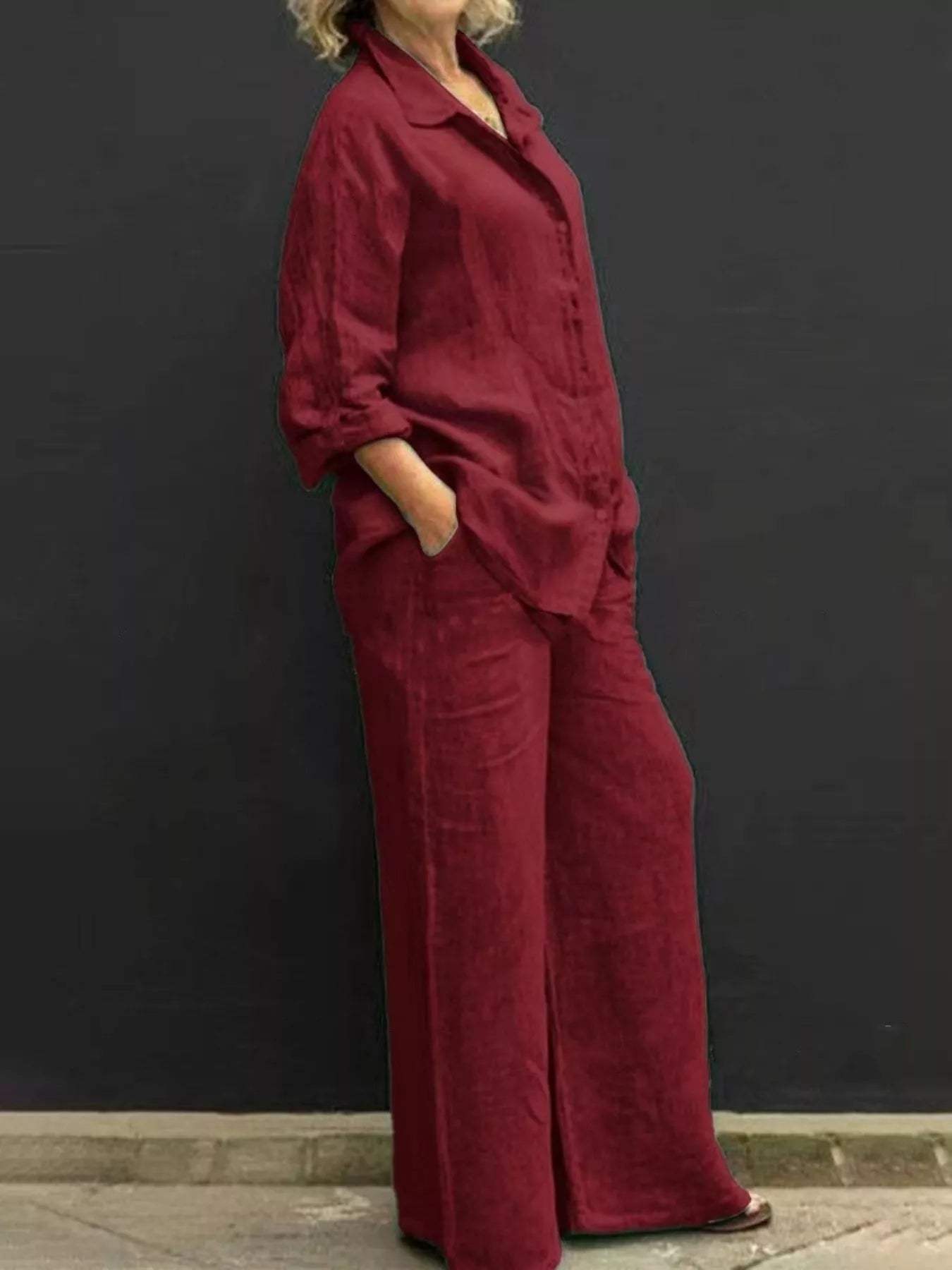 Full Size Long Sleeve Shirt and Pants Set Plus Size - Trendsi - Flyclothing LLC