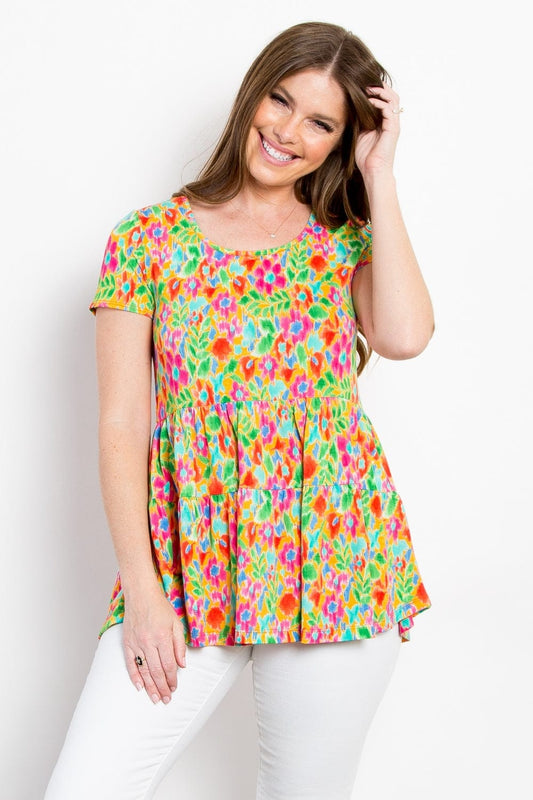 Be Stage Floral Short Sleeve Babydoll Top - Trendsi