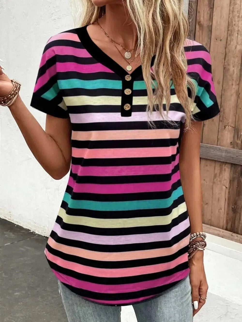 Striped V-Neck Short Sleeve T-Shirt - Trendsi