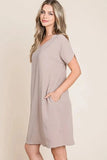 BOMBOM V-Neck Short Sleeve Dress with Pockets - Trendsi