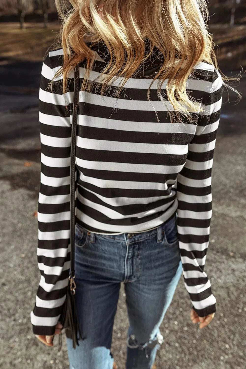 Striped Turtleneck Long Sleeve Knit Top - Trendsi - Flyclothing LLC