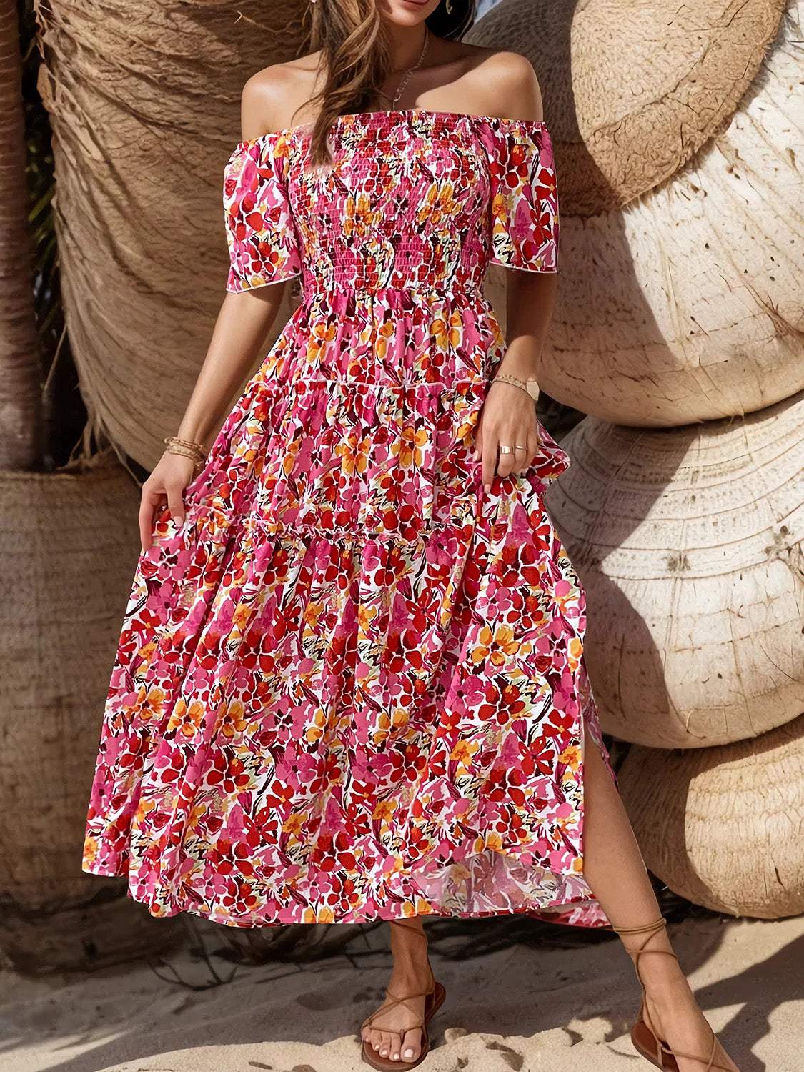 Slit Floral Off-Shoulder Short Sleeve Dress - Trendsi - Flyclothing LLC
