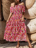 Slit Floral Off-Shoulder Short Sleeve Dress - Trendsi