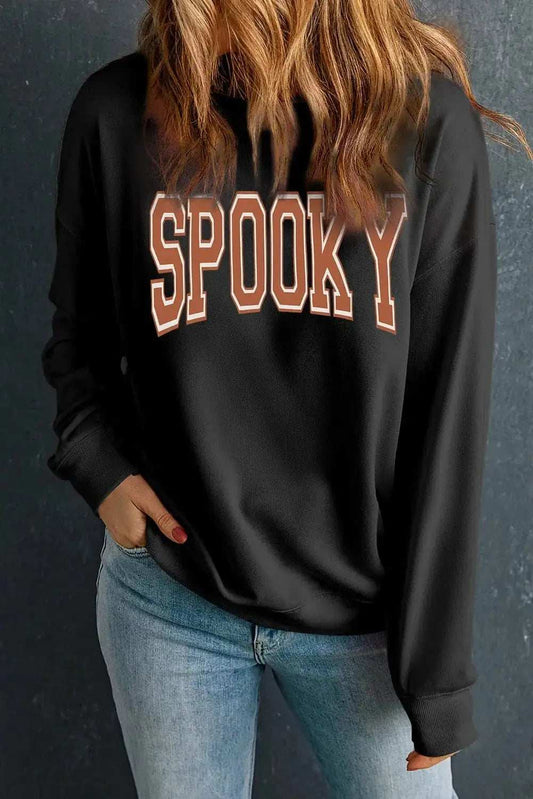 SPOOKY Round Neck Long Sleeve Sweatshirt - Trendsi - Flyclothing LLC