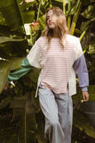 BiBi Exposed Seam Slit Striped Round Neck T-Shirt - Trendsi - Flyclothing LLC