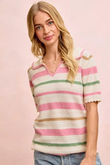 BiBi Multi Colors Stripes Collared Knit Top - Trendsi - Flyclothing LLC