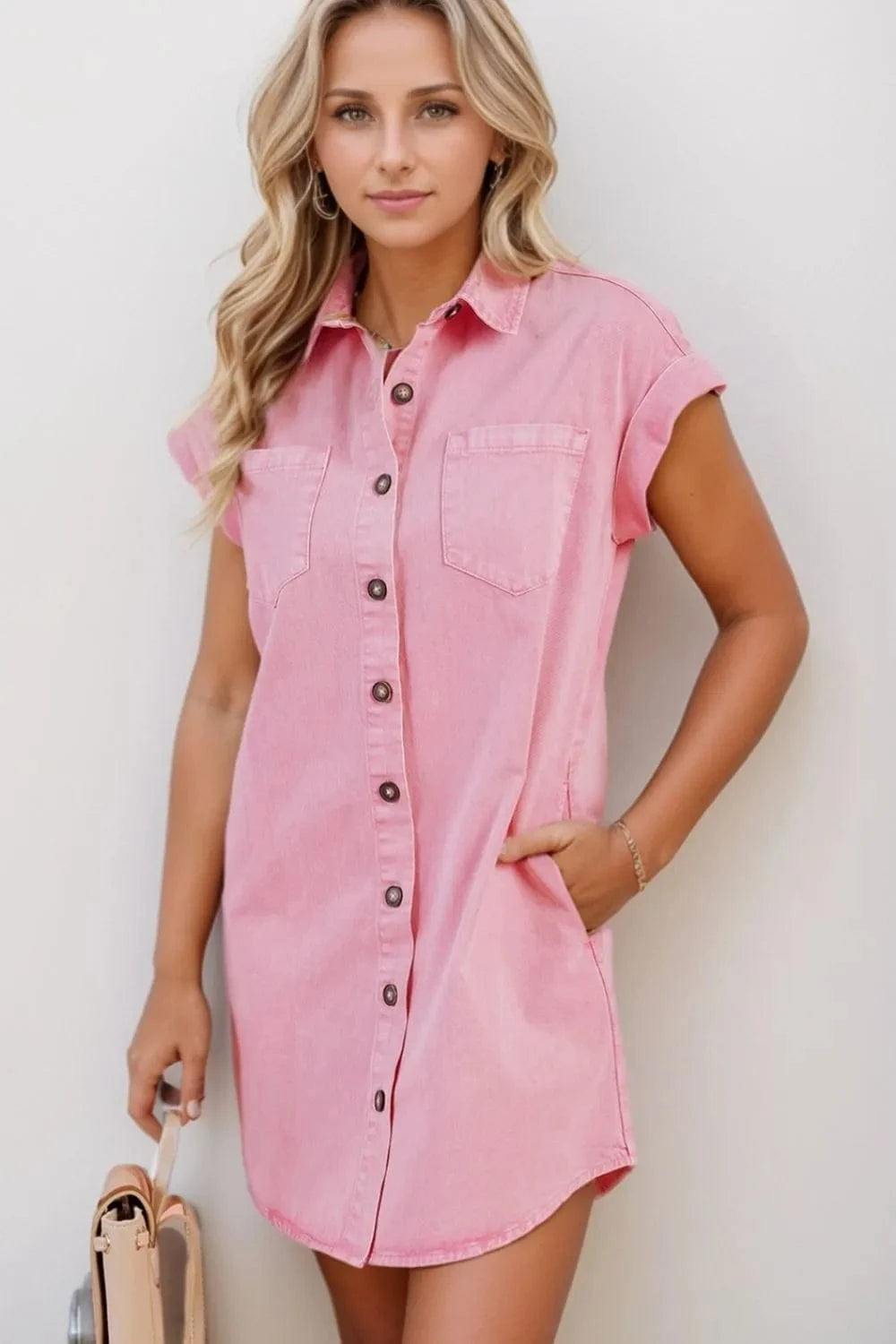 Button Down Short Sleeve Denim Dress - Trendsi