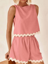 Contrast Trim Round Neck Top and Shorts Set - Trendsi - Flyclothing LLC