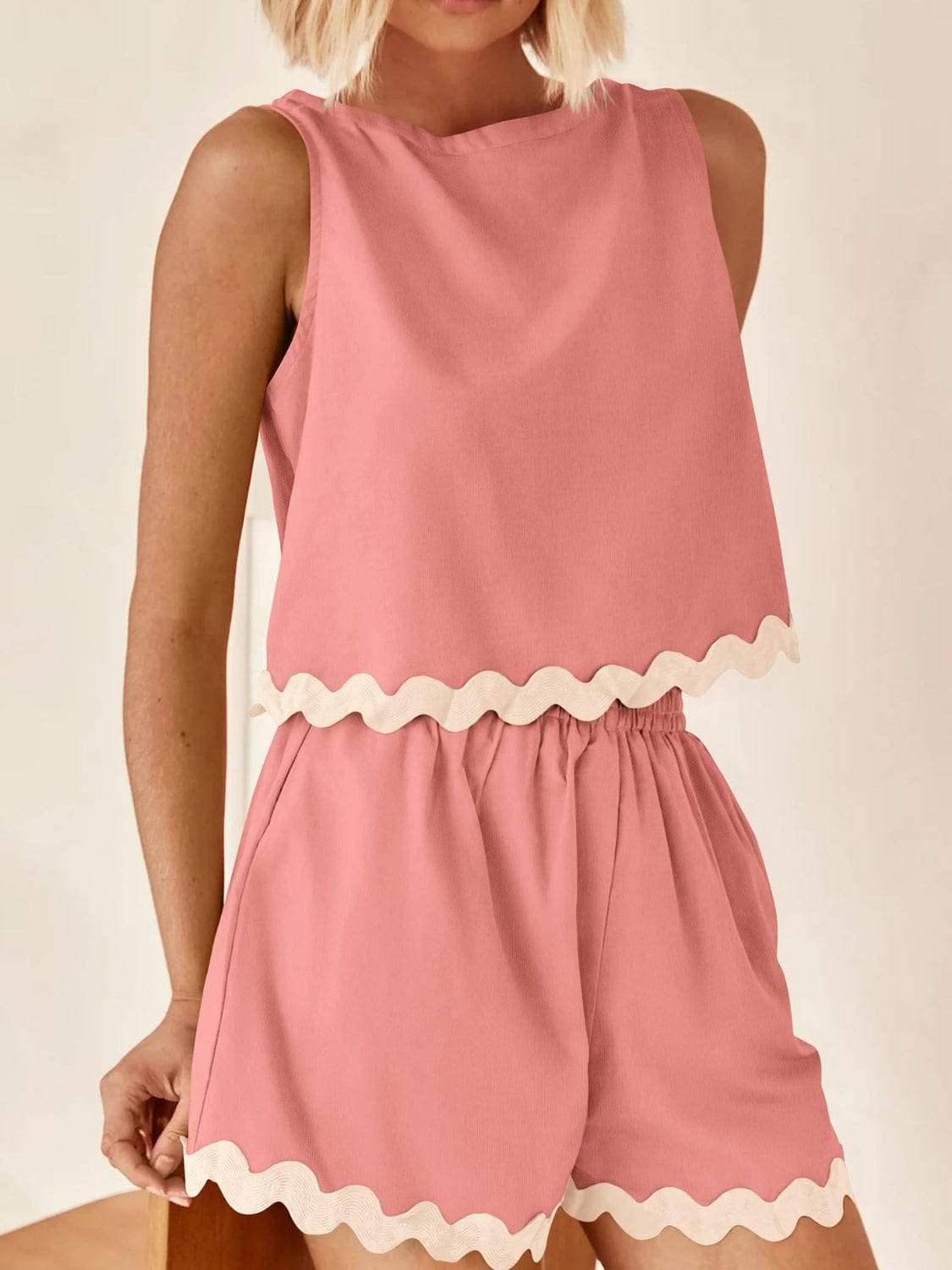 Contrast Trim Round Neck Top and Shorts Set - Trendsi - Flyclothing LLC