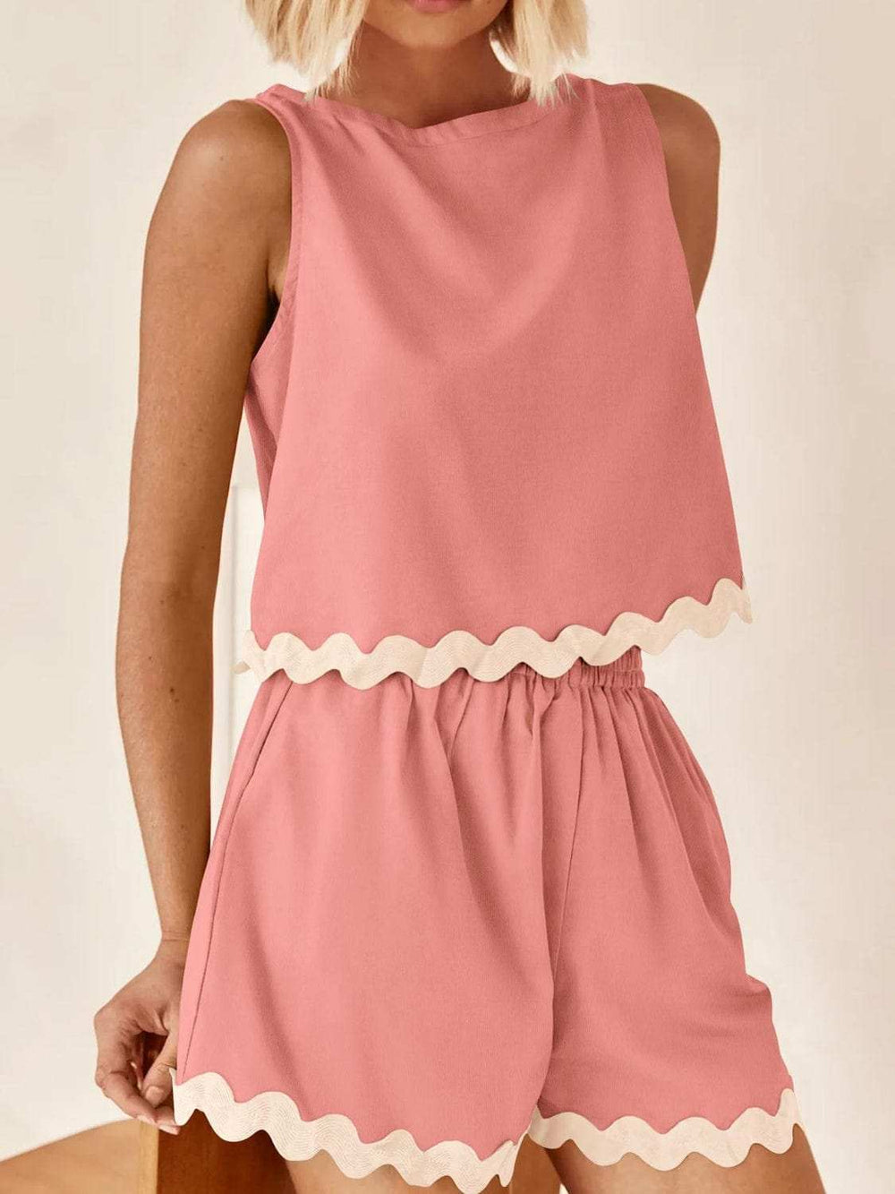 Contrast Trim Round Neck Top and Shorts Set - Trendsi - Flyclothing LLC