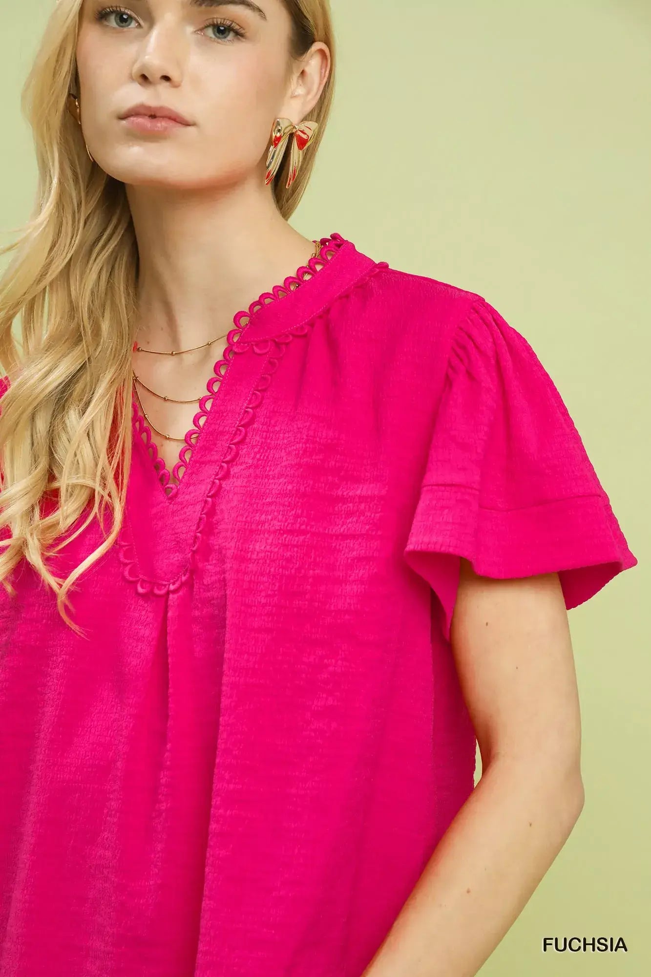 Umgee Seersucker Short Sleeve Top with Lace Trim - Trendsi - Flyclothing LLC