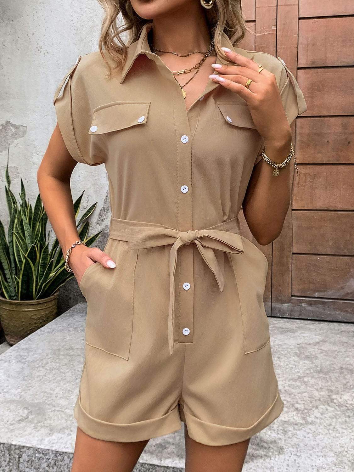 Collared Neck Tie Waist Romper with Pockets - Trendsi - Flyclothing LLC