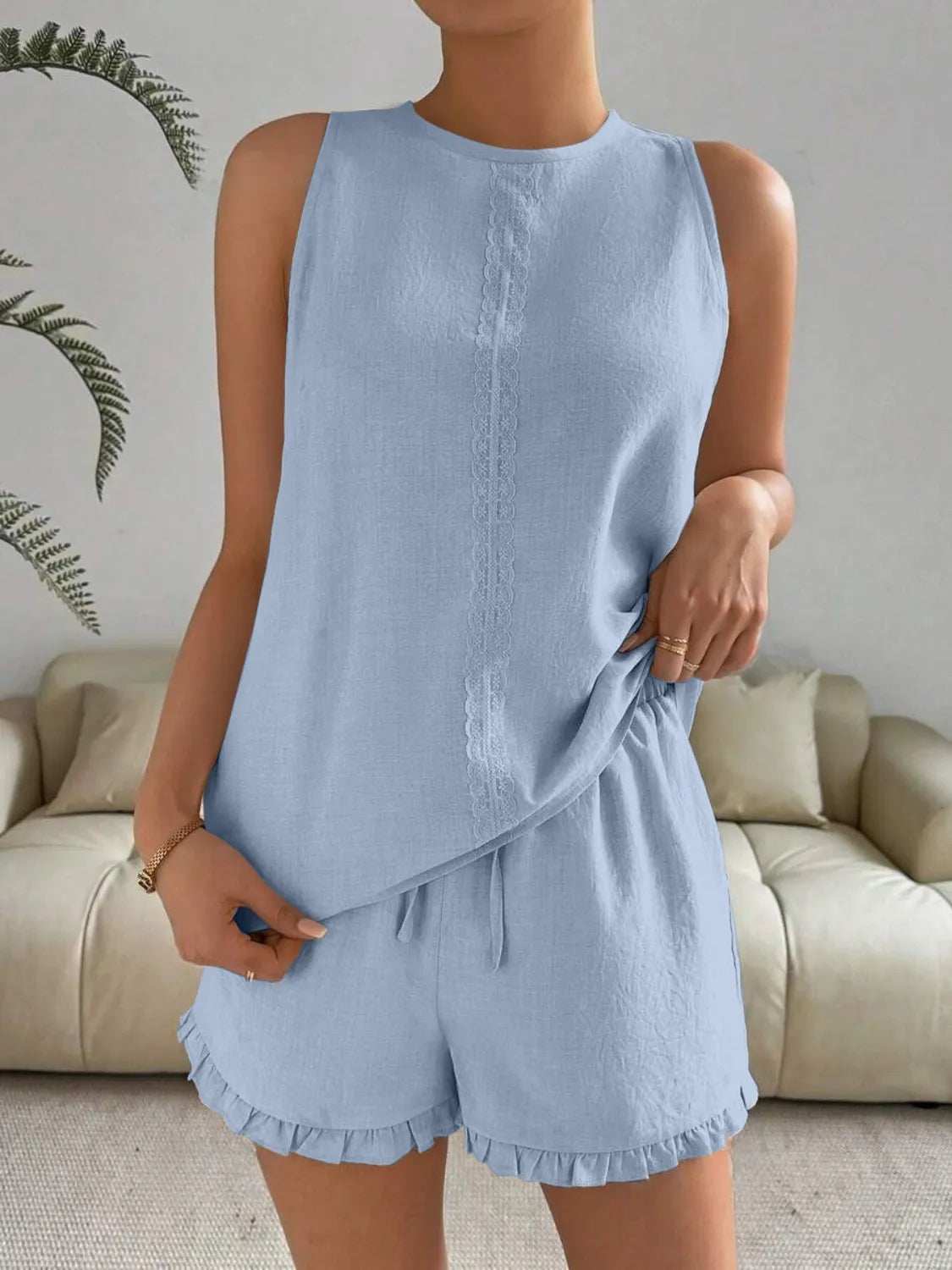 Lace Detail Round Neck Tank and Shorts Set - Trendsi - Flyclothing LLC