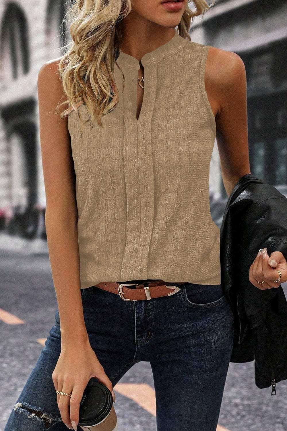 Textured Notched Tank - Trendsi - Flyclothing LLC