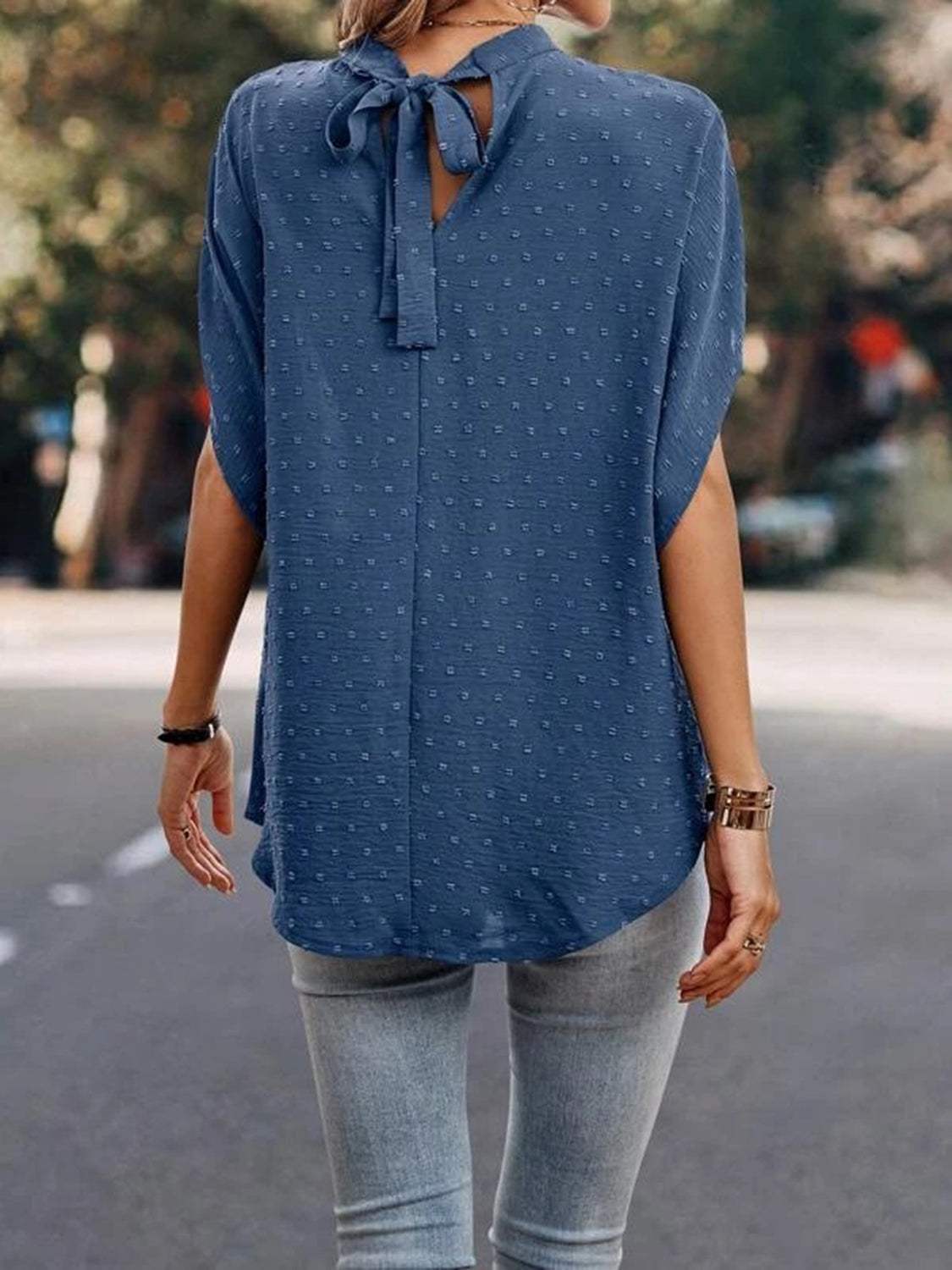 Swiss Dot Mock Neck Half Sleeve Blouse - Trendsi - Flyclothing LLC