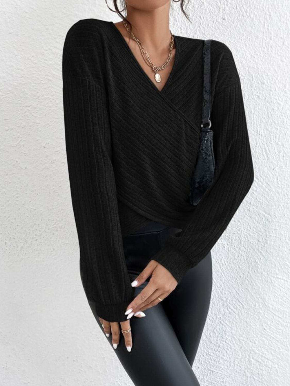 Surplice Dropped Shoulder Long Sleeve T-Shirt - Trendsi - Flyclothing LLC