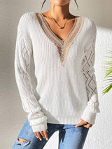 Openwork V-Neck Long Sleeve Sweater - Trendsi - Flyclothing LLC