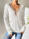 Openwork V-Neck Long Sleeve Sweater - Trendsi