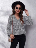 Ruched Printed V-Neck Long Sleeve Blouse - Trendsi - Flyclothing LLC