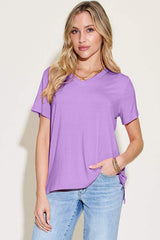 Basic Bae Bamboo Full Size V-Neck High-Low T-Shirt - Trendsi - Flyclothing LLC