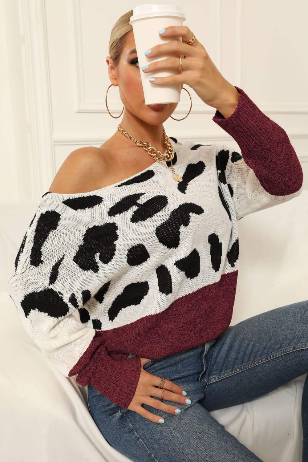 Full Size Two-Tone Boat Neck Sweater - Trendsi - Flyclothing LLC