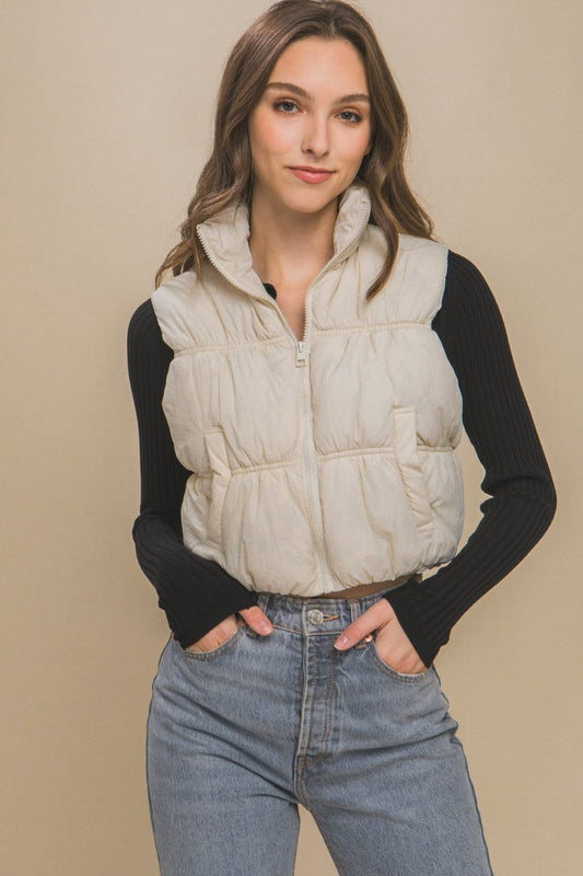 Love Tree Zip Up Turtleneck Cropped Vest Coat - Trendsi