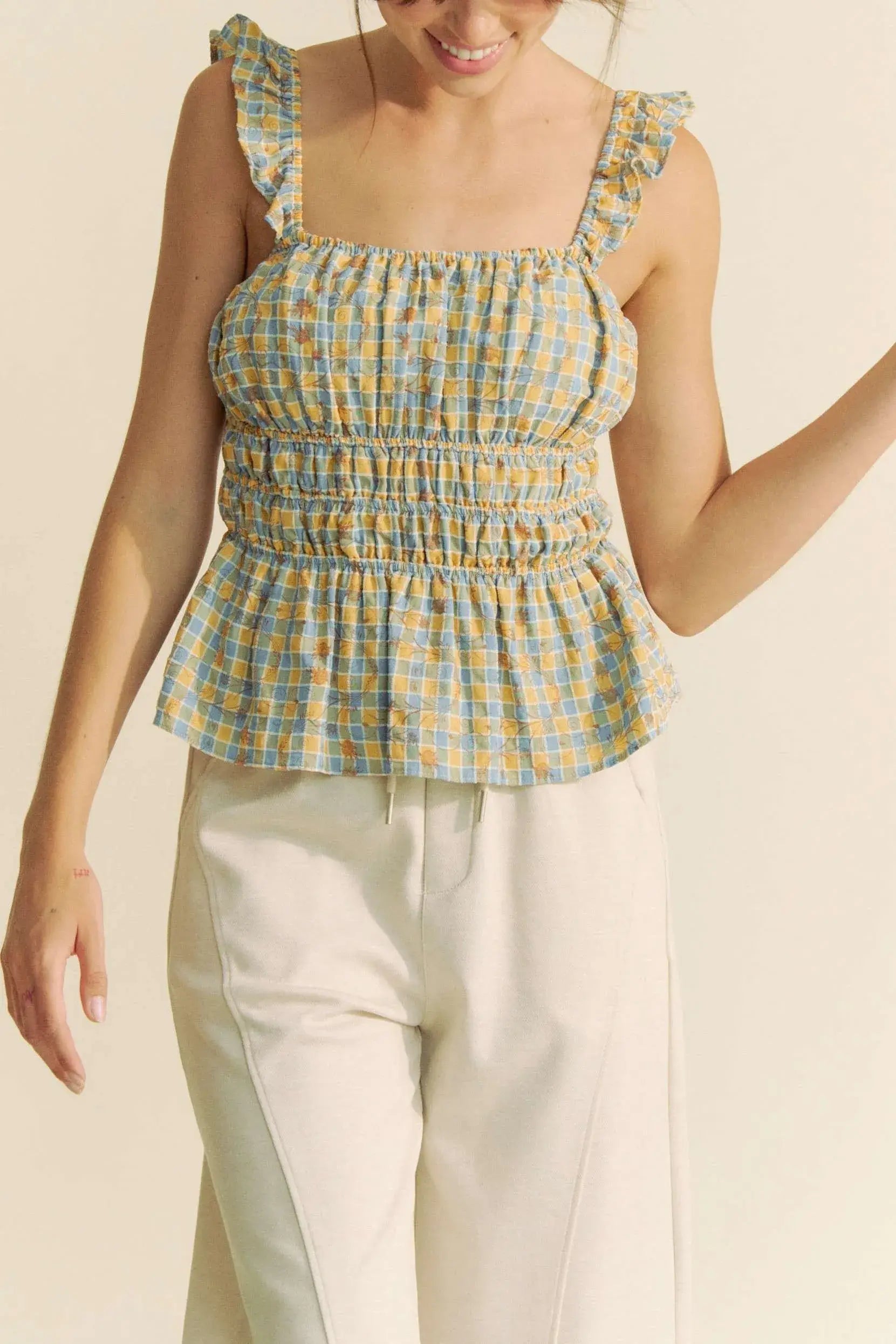 Davi & Dani Plaid Ruffled Strap Smocked Sleeveless Top - Trendsi - Flyclothing LLC