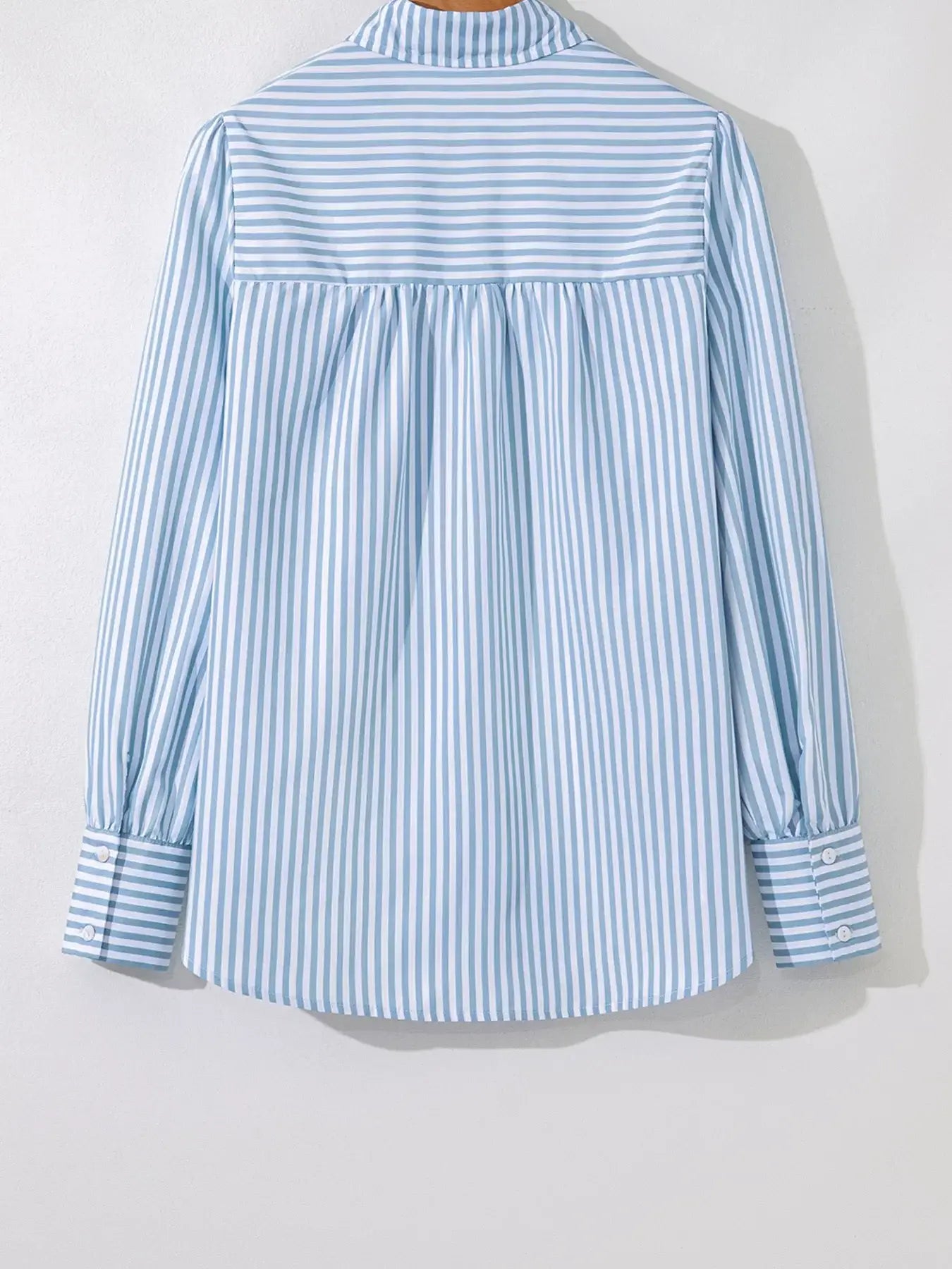 Stripe Shirred Detail Half Placket Collared Long Sleeve Shirt - Trendsi - Flyclothing LLC