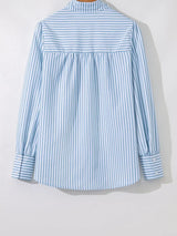Stripe Shirred Detail Half Placket Collared Long Sleeve Shirt - Trendsi - Flyclothing LLC