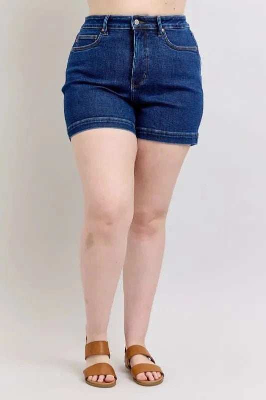 Judy Blue Full Size High Waist Tummy Control Denim Shorts Plus Size - Trendsi - Flyclothing LLC