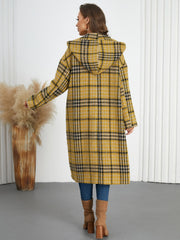 Plaid Double-Breasted Long Sleeve Longline Coat - Trendsi