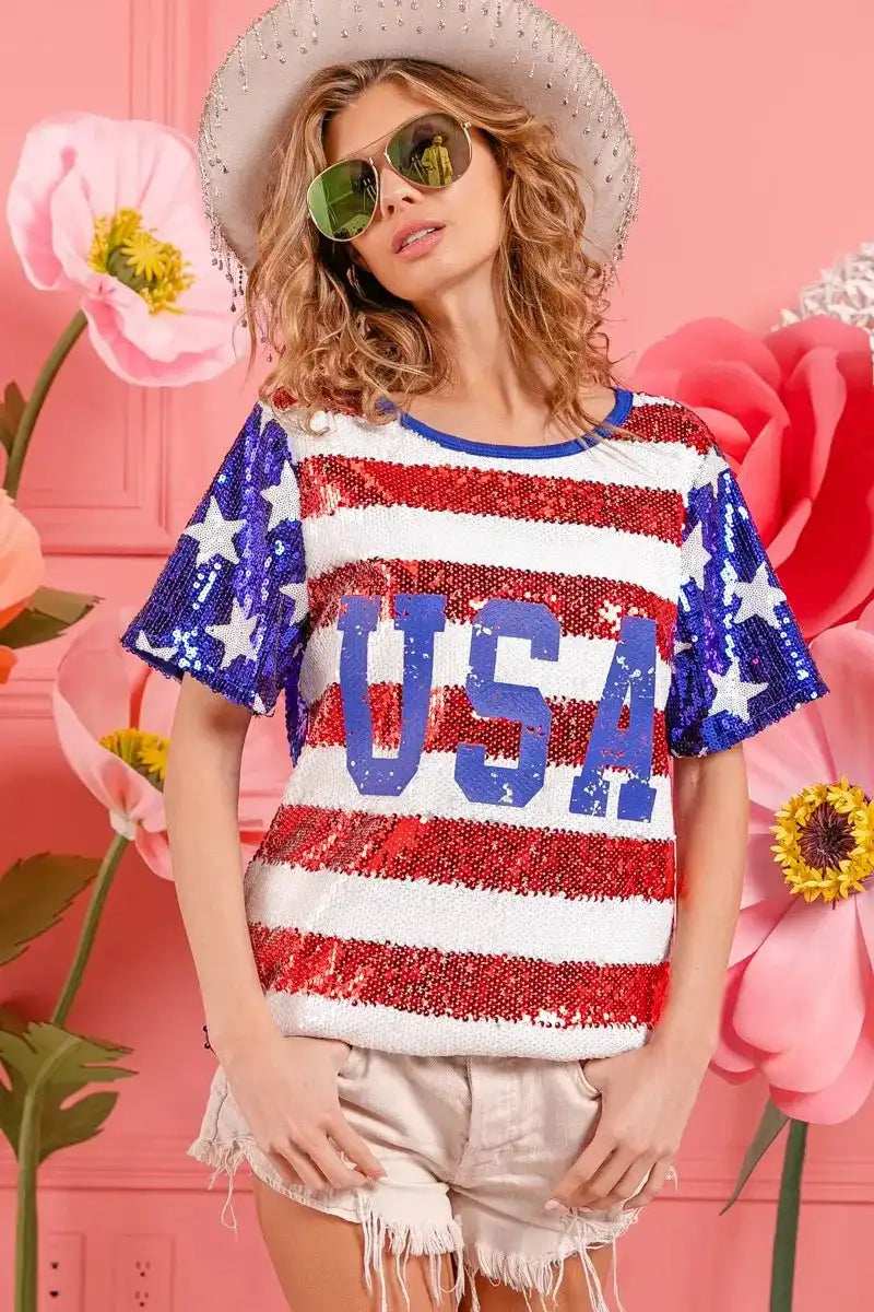 BiBi American Flag Theme USA Lettering Sequin Top - Trendsi - Flyclothing LLC