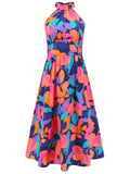 Ruched Printed Halter Neck Sleeveless Dress - Trendsi - Flyclothing LLC