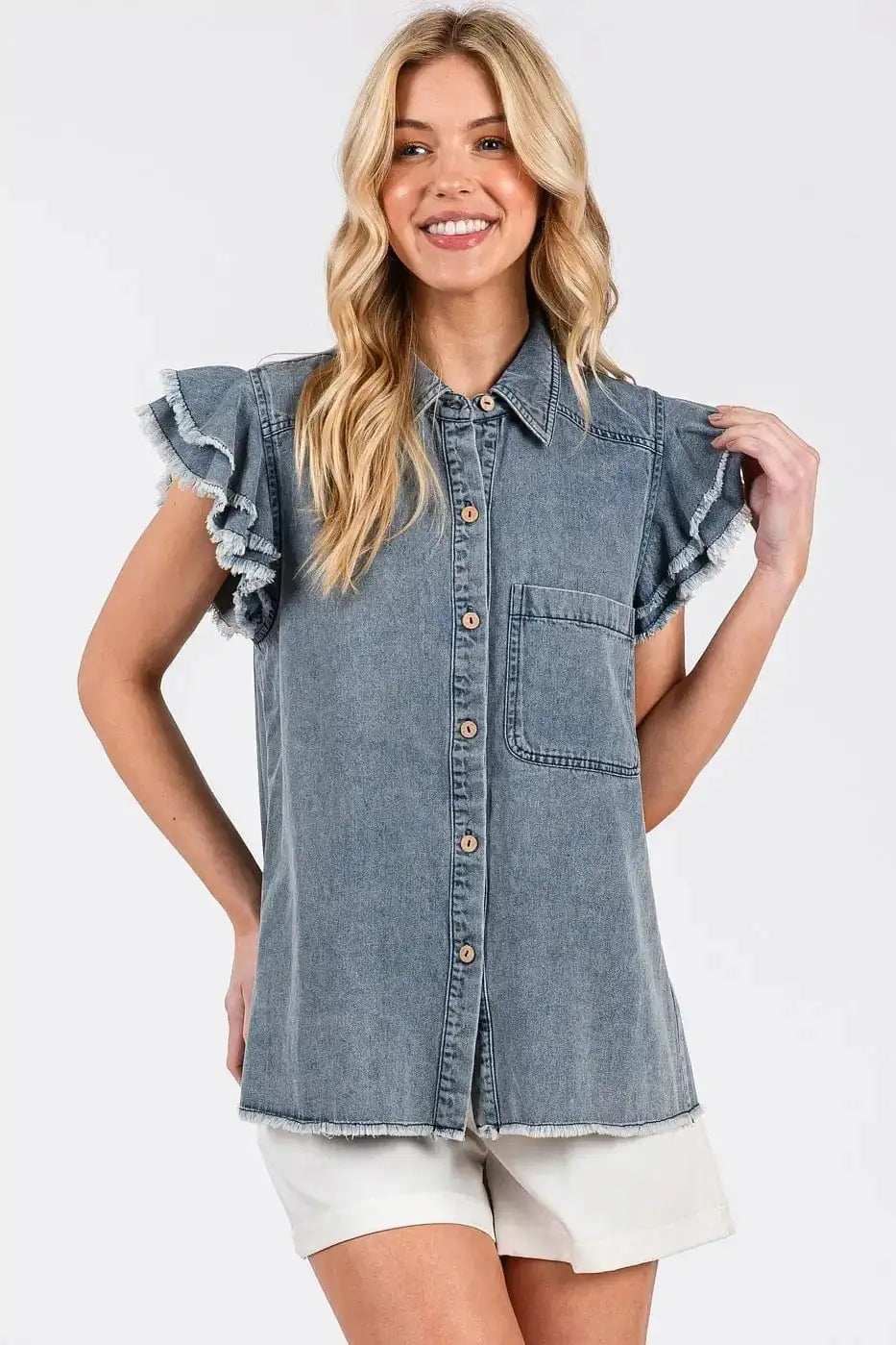 Mittoshop Washed Denim Ruffle Short Sleeve Collared Shirt - Trendsi - Flyclothing LLC