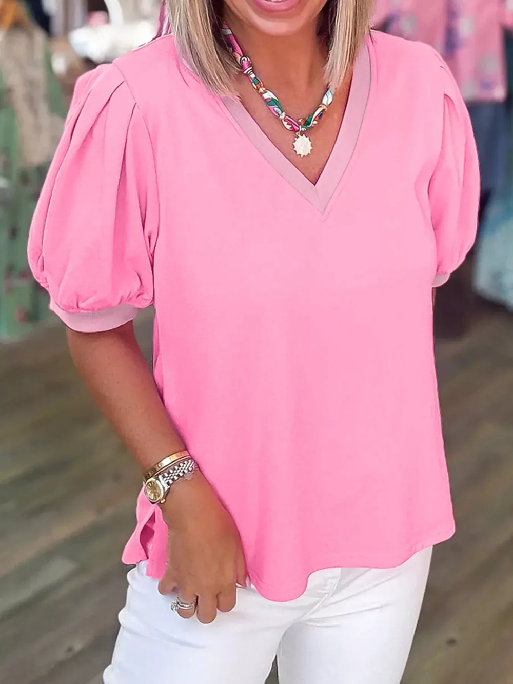 Solid Color V Neck Short Puff Sleeve Blouse - Trendsi - Flyclothing LLC