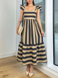 Smocked Striped Square Neck Cap Sleeve Dress - Trendsi