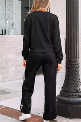 Striped Detail Crewneck Pullover Elastic Sweatpants 2pcs Outfit - Trendsi - Flyclothing LLC