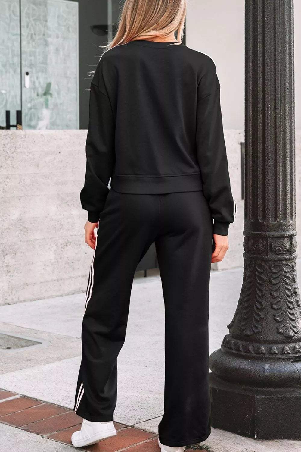 Striped Detail Crewneck Pullover Elastic Sweatpants 2pcs Outfit - Trendsi - Flyclothing LLC