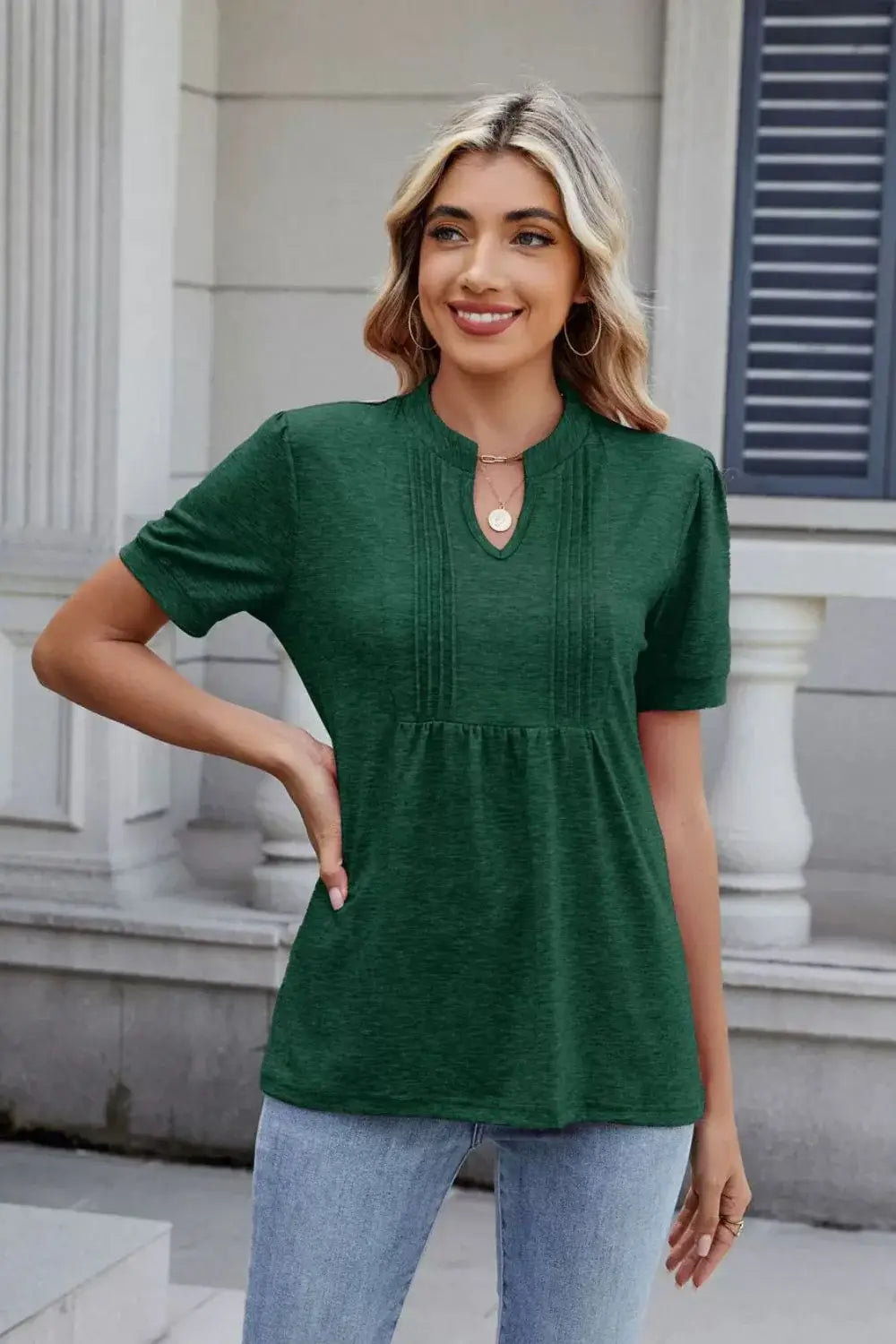 Notched Short Sleeve Top - Trendsi - Flyclothing LLC