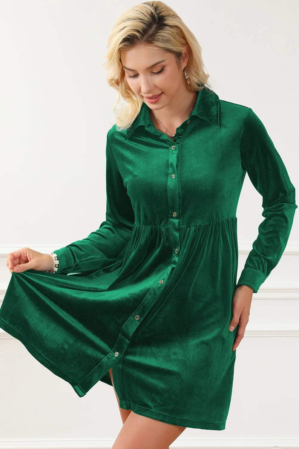 Ruched Button Up Collared Neck Long Sleeve Shirt Dress - Trendsi - Flyclothing LLC