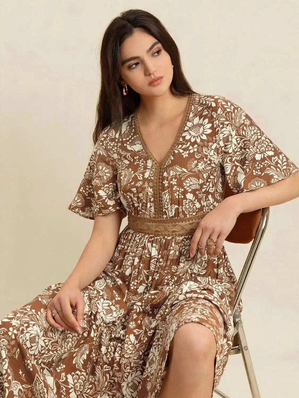 Lace Detail Printed Short Sleeve Midi Dress - Trendsi - Flyclothing LLC