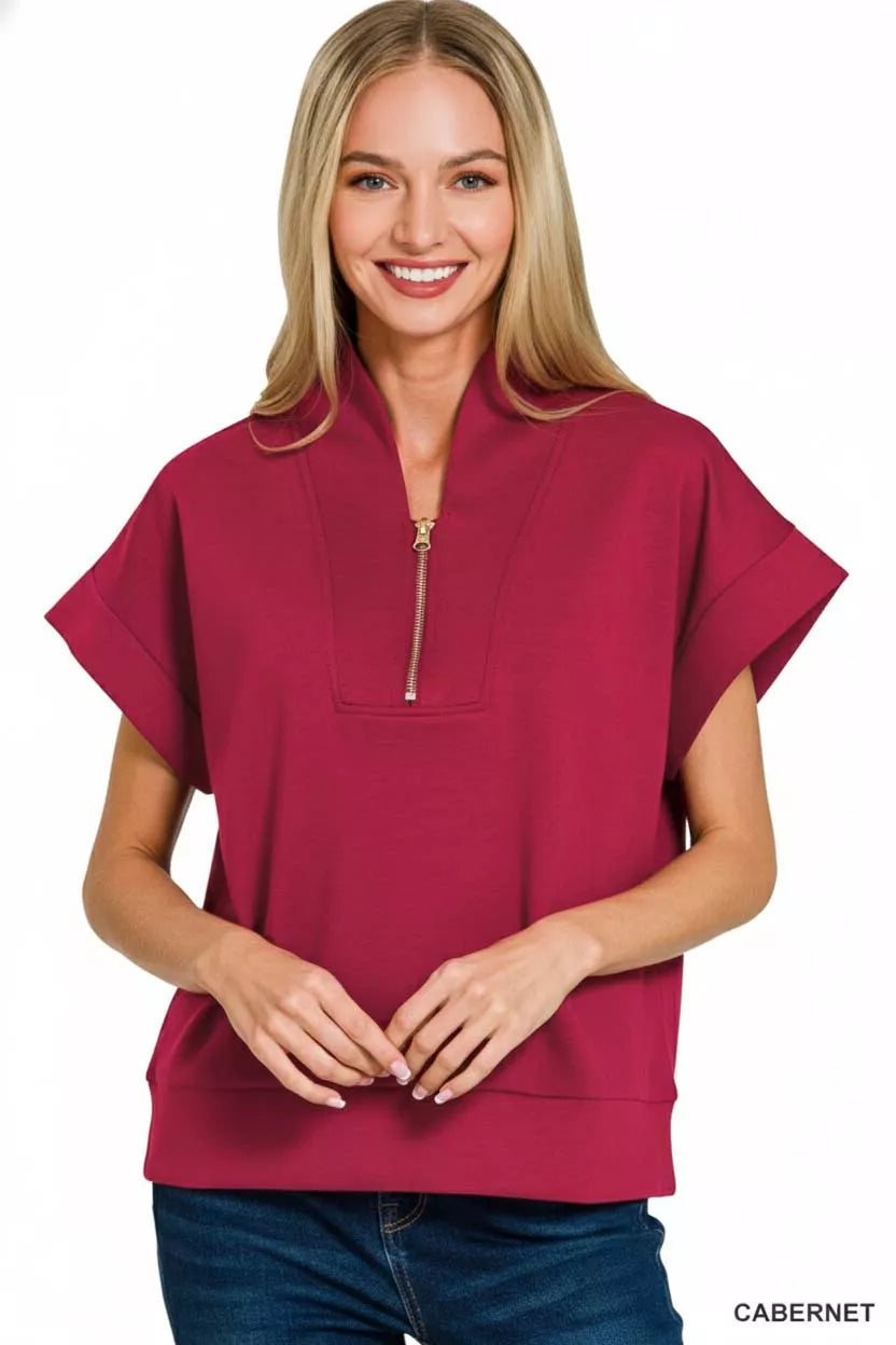 Zenana Scuba High Neck Half Zip Top - Trendsi - Flyclothing LLC