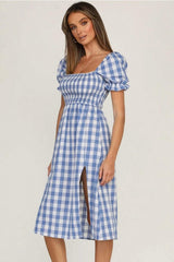 Full Size Slit Plaid Short Sleeve Midi Dress - Trendsi - Flyclothing LLC