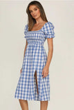 Full Size Slit Plaid Short Sleeve Midi Dress - Trendsi - Flyclothing LLC