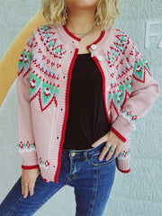 Contrast Geometric Round Neck Long Sleeve Cardigan - Trendsi
